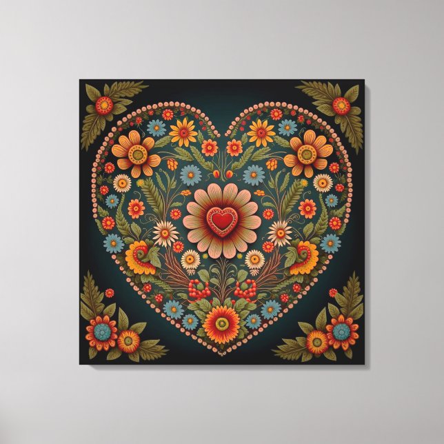 Ukrainsk folkart - Inspired Heart i Multi Färg Canvastryck (Framsida)