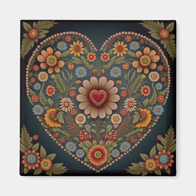 Ukrainsk folkart - Inspired Heart i Multi Färg Magnet (Framsidan)
