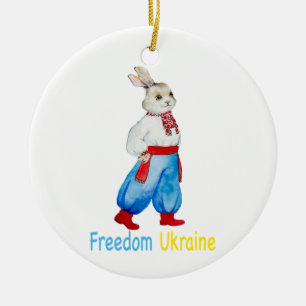 Ukrainsk folkdräkt vattenfärg styliserad kanin julgransprydnad keramik