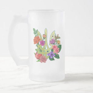 Ukrainsk heraldik treudd tryzub blommande blommor frostat ölglas