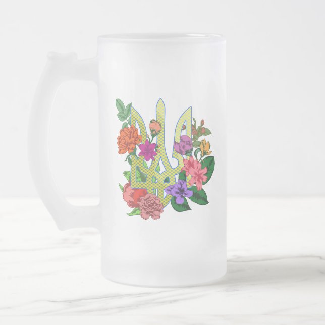 Ukrainsk heraldik treudd tryzub blommande blommor frostat ölglas (Vänster)