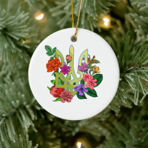 Ukrainsk heraldik treudd tryzub blommande blommor julgransprydnad keramik