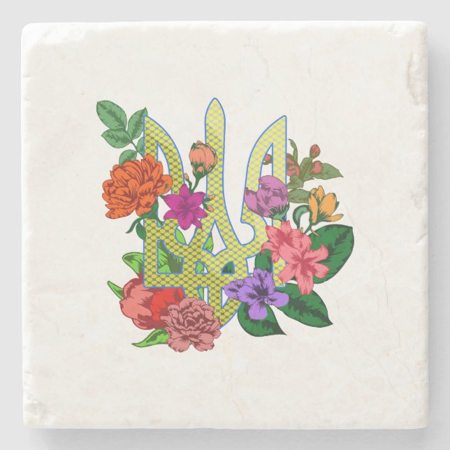 Ukrainsk heraldik treudd tryzub blommande blommor stenunderlägg (Framsidan)