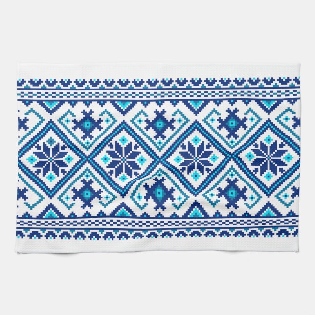 Ukrainsk traditionell vushuvanka folkpattern blå kökshandduk (Horisontell)