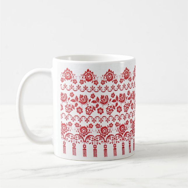 Ukrainsk traditionell vushuvanka folkpattern röd kaffemugg (Vänster)