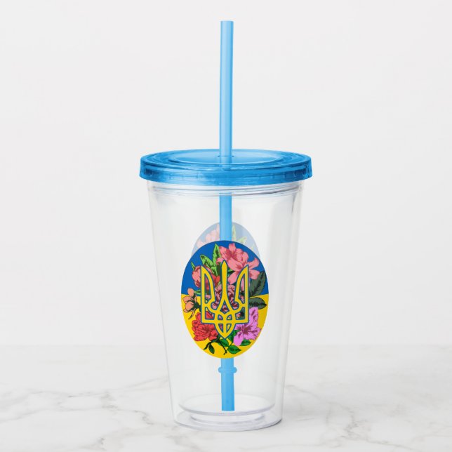 Ukrainsk treudd och flagga för Ukraina med blommor Take Away Mugg (Framsida)