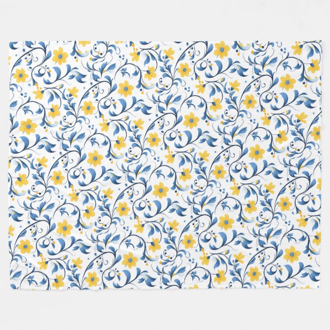 Ukrainska blomsterfolkkonstmotiv. Blå och gul. Fleecefilt (Framsidan (Horisontell))