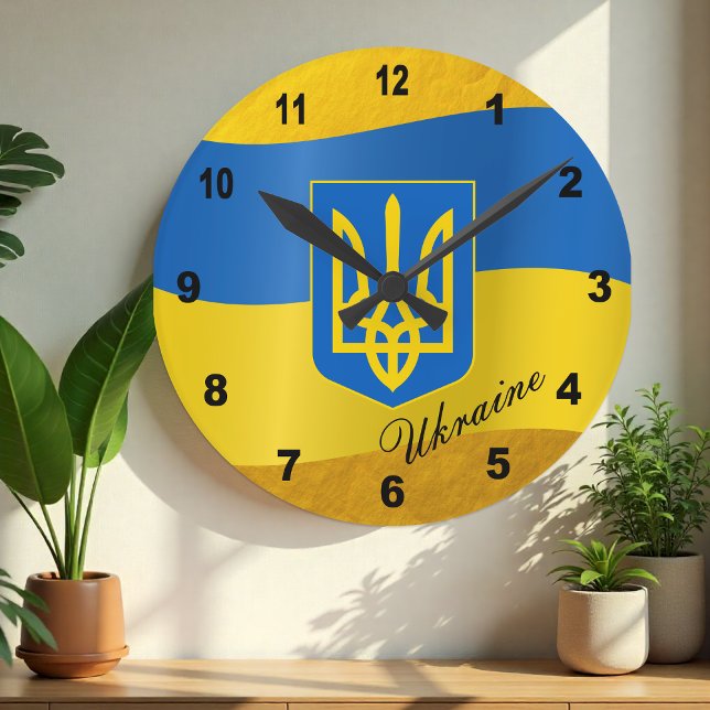 ukrainska Flagga- och ukrainska emblem, text /Gold Rund Klocka (Skapare uppladdad)