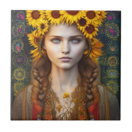 Ukrainska flickan i Amulets & Sunblommor Kakelplatta