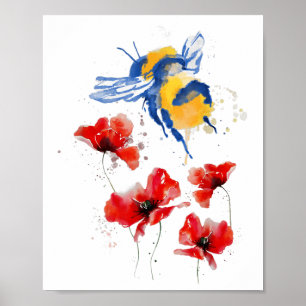 ukrainska honungsbin Samlar pollen från Popp Poster