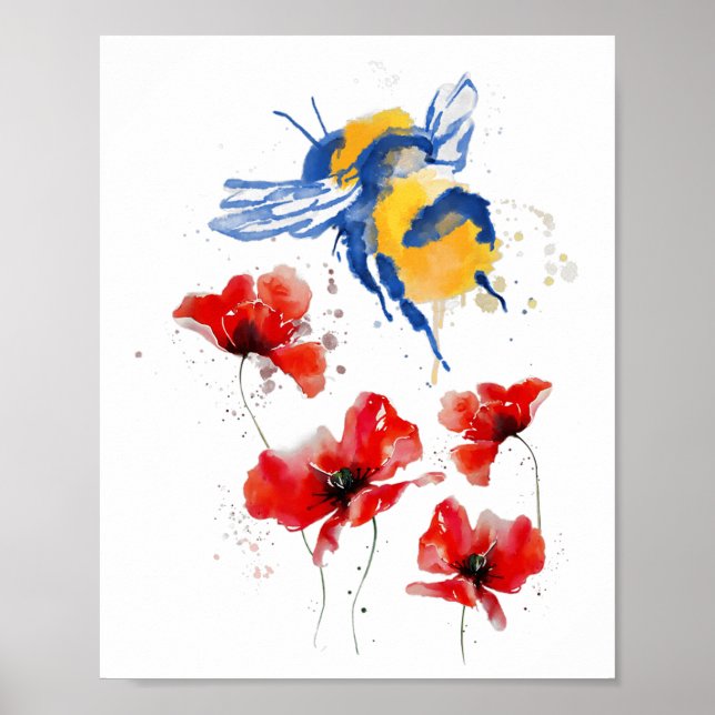 ukrainska honungsbin Samlar pollen från Popp Poster (Framsidan)