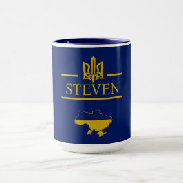 ukrainska Trident med ditt namn Golden font Blue Mugg