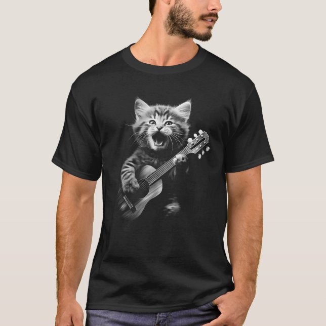 Ukulele Cat Cute Cat som spelar 6 strängar Guitar  T Shirt (Framsida)