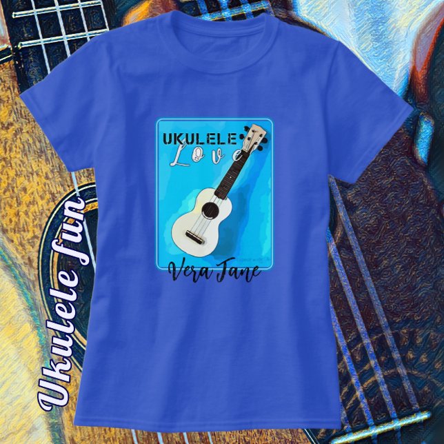 Ukulele Kärlek i Söt Shades of Blue T-Shirt (What Fun! Easily select shirt and Text Name color.)