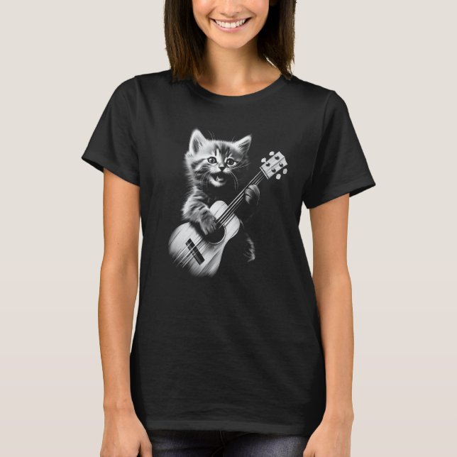 Ukulele Katt - Söt Katt Spelar Ukulele Gitarr T Shirt (Framsida)