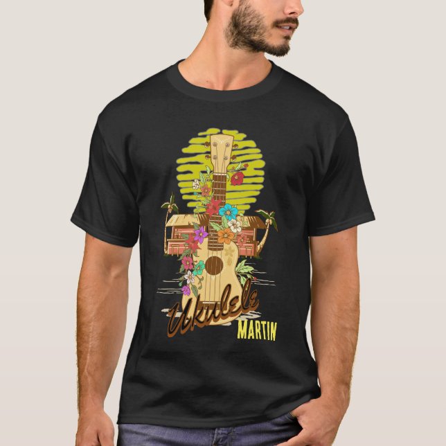 Ukulele med blommor och handflatan träd/redigerbar t shirt (Framsida)