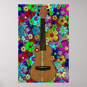 Ukulele med Groovy Hip Flowers och Heart Poster