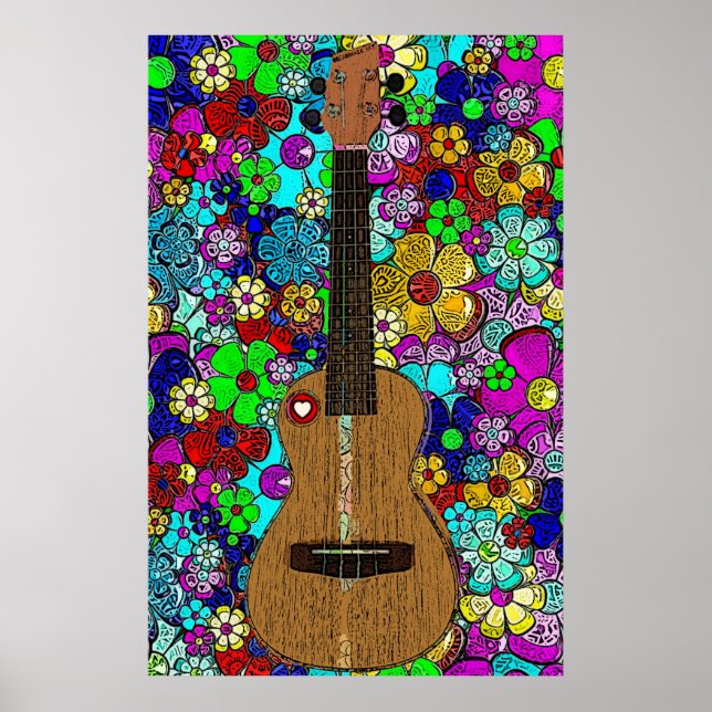 Ukulele med Groovy Hip Flowers och Heart Poster (Framsidan)