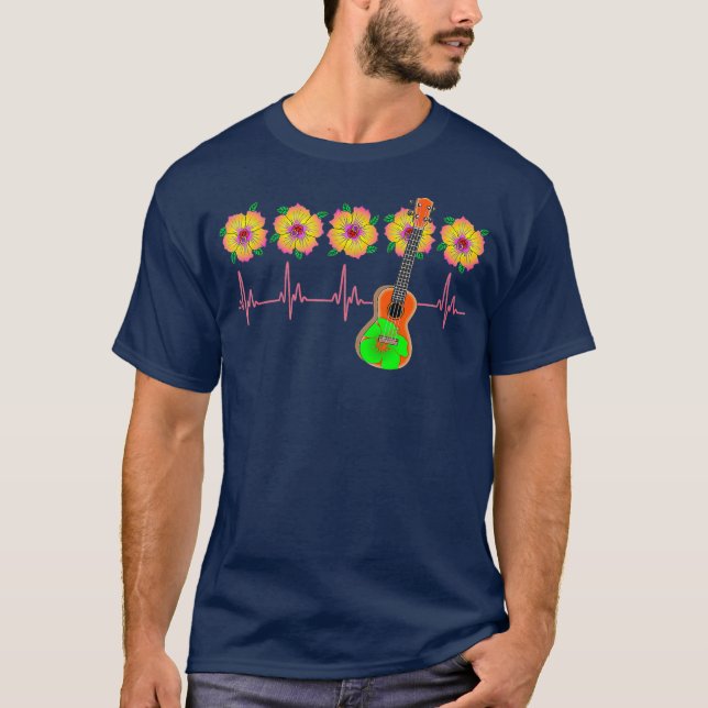 Ukulele Musician EKG Heartslag Line T Shirt (Framsida)