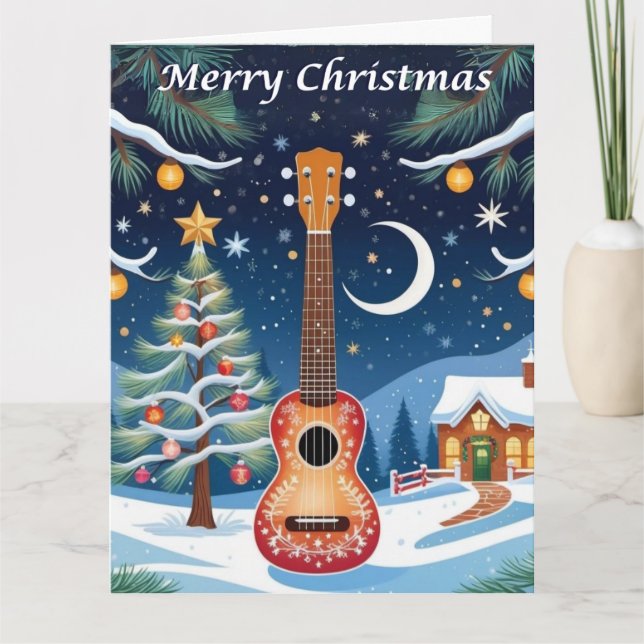 Ukulele Musikinstrument Snö Stor Jul Kort (Framsida)