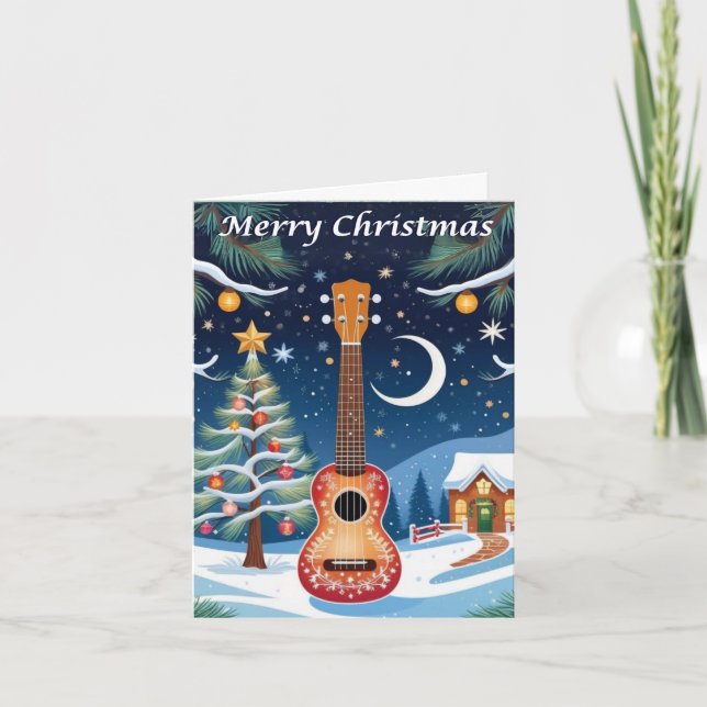 Ukulele Musikinstrument Snöträd Jul Helgkort (Framsida)