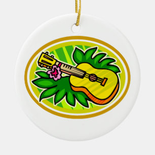 Ukulelen med löv och blomman cirklar, gulnar julgransprydnad keramik