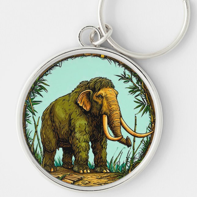 Ullig mammut rund silverfärgad nyckelring (Framsidan)