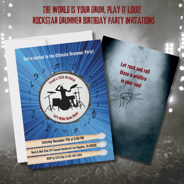 Ultimata trumfödelsedagsfestinbjudningar inbjudningar (Ultimate Drummer Birthday Party Invitations)