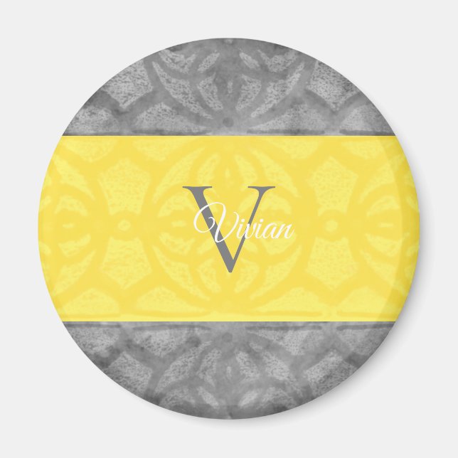 Ultimate Grått och lysande Gult Monogram Magnet (Framsidan)