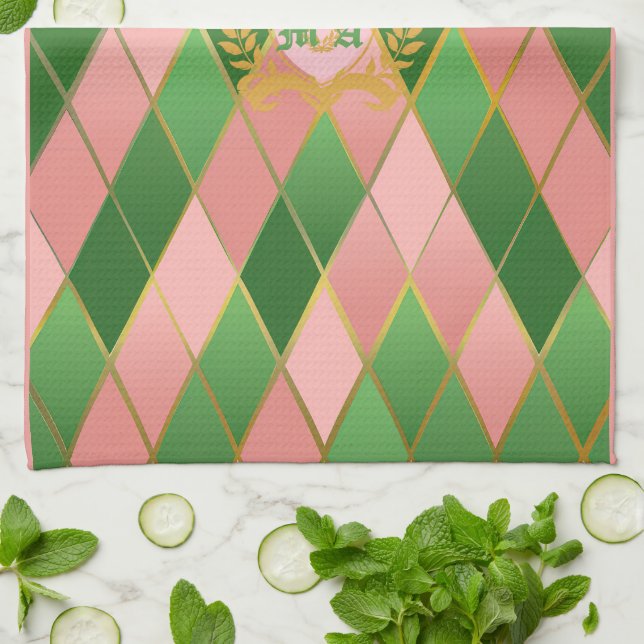 Ultra Chic Snobbrosa Rosa Grön Argyle Monogram Stä Kökshandduk (Vikta)