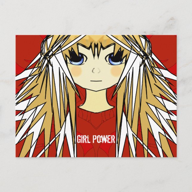 Ultra Cute Anime Blonde Long Hair Girl Power Vykort (Framsida)