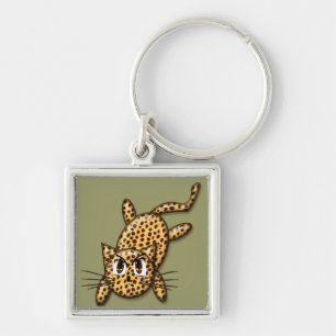 Ultra Cute Anime Leopard Kattunge Fyrkantig Silverfärgad Nyckelring