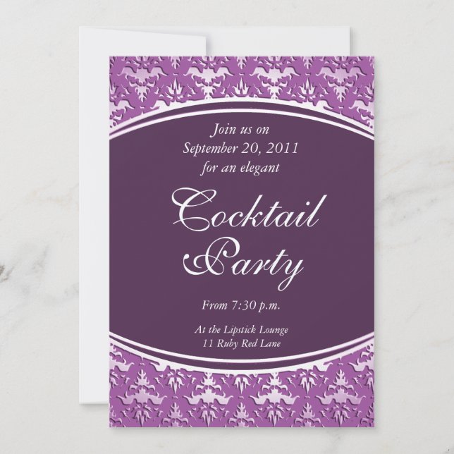 Ultra Elegant Mauve - Silver Präglad Damask Inbjudningar (Framsida)