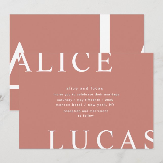 Ultra Modern Layout Monogram Coral Bröllop Inbjudningar (Fram/baksida)