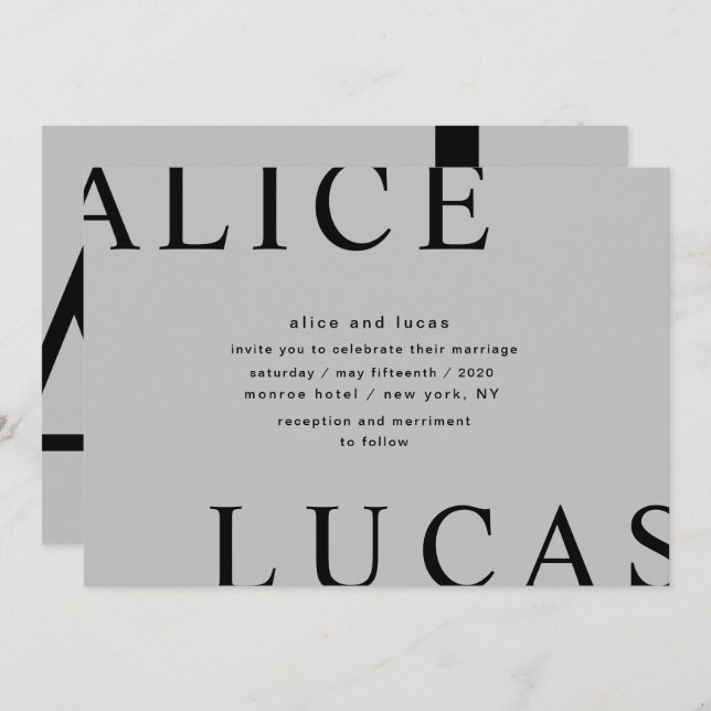 Ultra Modern Layout Monogram Grått Bröllop Inbjudningar (Fram/baksida)