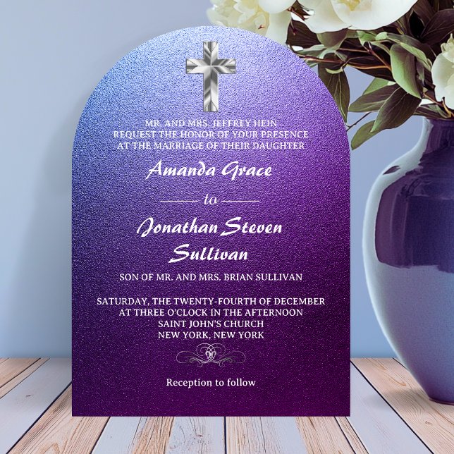 Ultra Modern Lila Glitterkors Arched  Inbjudningar (Purple Silver Christian Cross Arched Wedding Invitation)