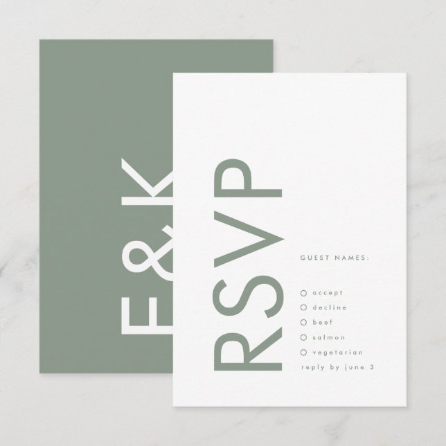 Ultra Modern Sage Grönt Monogram Simple Bröllop OSA Kort (Fram/baksida)
