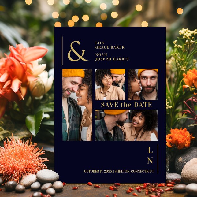Ultra Modern Trendig Navy & Guld 4 Multi Photos Spara Datumet (Ultra Modern Trendy Navy & Gold 4 Multi Photos Save The Date Card.)