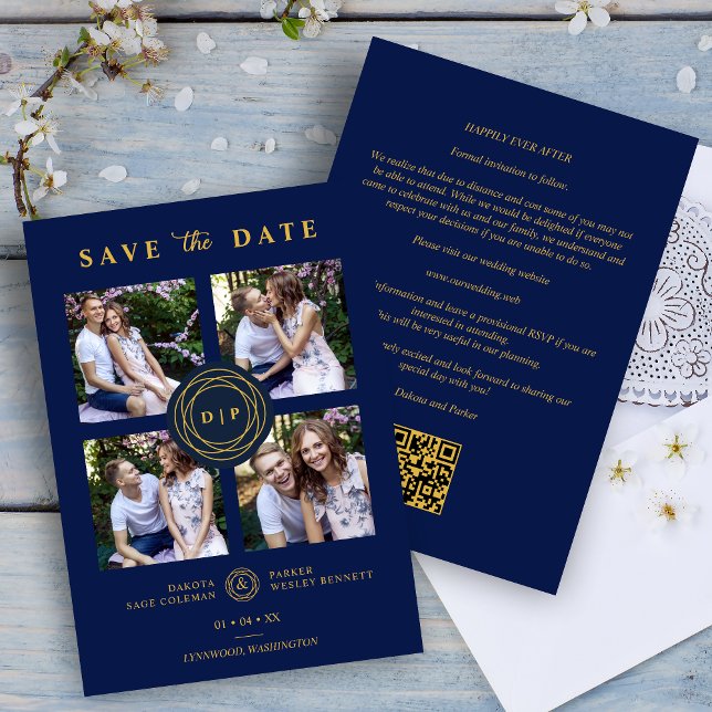 Ultra Trendig Navy & Guld 4 Multi Photos Bröllop Spara Datumet (Ultra Trendy Navy Blue & Fake Gold 4 Multi Photos Collage Wedding Script Downloadable Save the Date.)