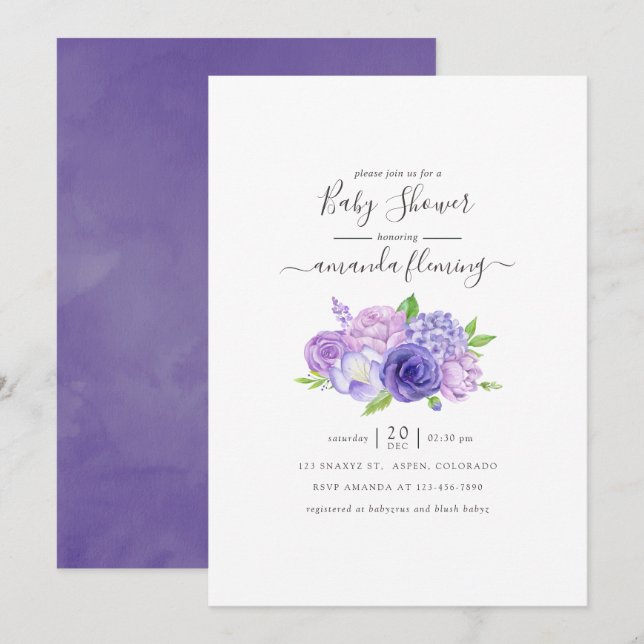 Ultra Violet Akvarell Blommig Bebis Shower Inbjudningar (Fram/baksida)