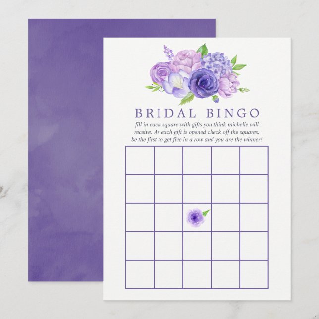 Ultra Violet Akvarell Blommig Bröllopsdusch Bingo Inbjudningar (Fram/baksida)