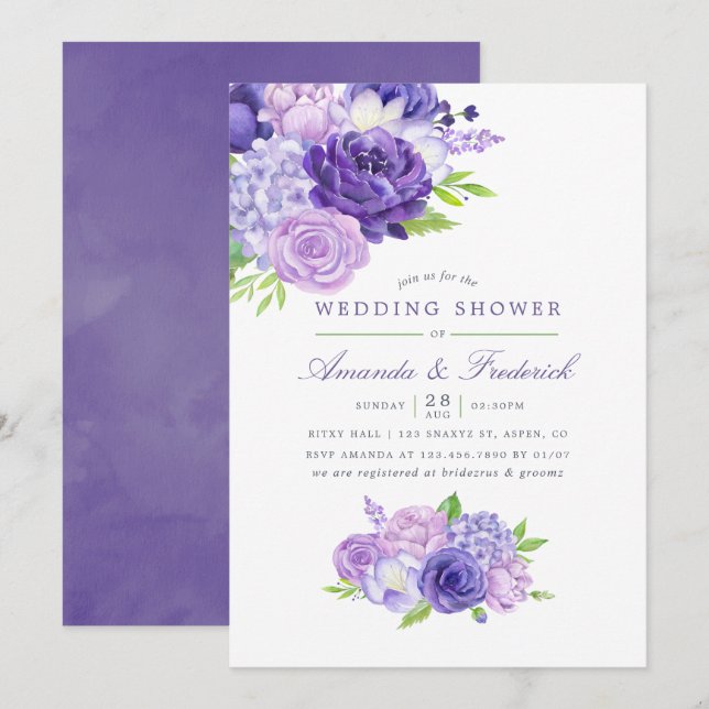 Ultra Violet Akvarell Blommig Bröllopsdusch Inbjudningar (Fram/baksida)