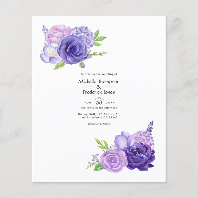 Ultra Violet Akvarell Blommig Bröllopsinbjudan Flygblad (Framsidan)