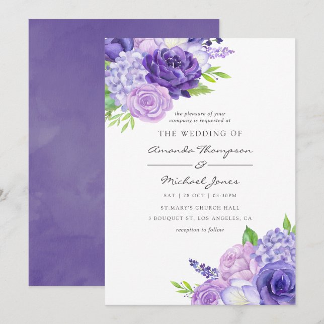 Ultra Violet Akvarell Blommig Bröllopsinbjudan Inbjudningar (Fram/baksida)
