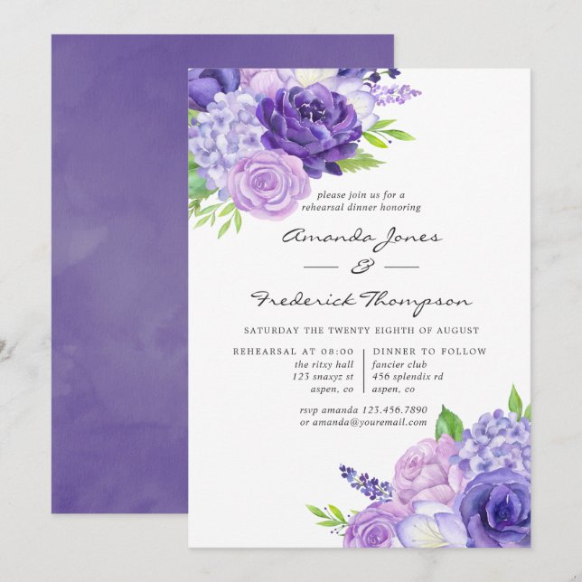 Ultra Violet Akvarell Blommig Övningsmiddag Inbjudningar (Fram/baksida)