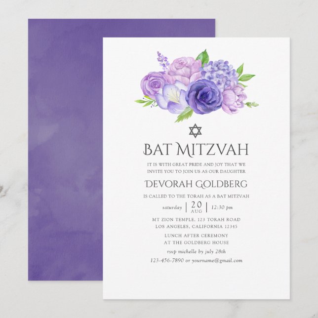 Ultra Violet Blommig Bar Mitzvah Inbjudningar (Fram/baksida)