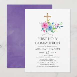 Ultra Violet Blommigt First Heliga Communion Inbjudningar