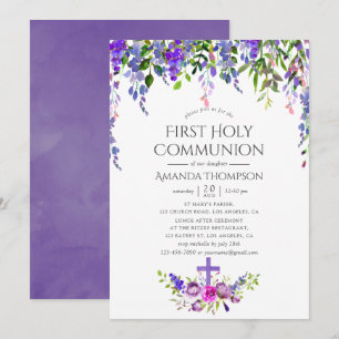 Ultra Violet Blommigt First Heliga Communion Inbjudningar
