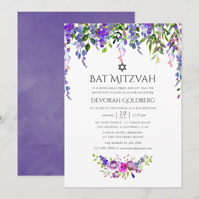 Ultra Violet Bröllopsvattenfärg Blommig Bar Mitzva Inbjudningar (Fram/baksida)