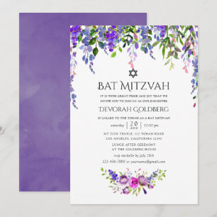 Ultra Violet Bröllopsvattenfärg Blommig Bar Mitzva Inbjudningar